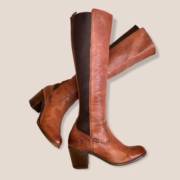 Frye Molly Gore Cognac Tall Skinny Riding Boots - Picture 16 of 16